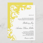 Lemon Yellow Elegant Damask Wedding Invitation Kaart (Voorkant / Achterkant)