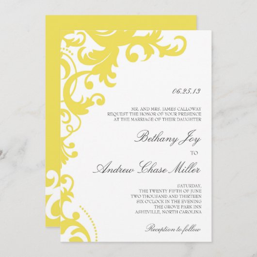 Lemon Yellow Elegant Damask Wedding Invitation Kaart (Voorkant / Achterkant)