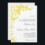 Lemon Yellow Elegant Damask Wedding Invitation Kaart<br><div class="desc">Deze trouwuitnodiging bevat een elegant damasontwerp in geel aan de linkerkant van een witte achtergrond. De grijze doopvont is een combinatie modern druk en elegant manuscript. De achterkant van de uitnodiging bevat een wit dampontwerp dat van de bodem met een douane monogram cirkel, over een heldere gele achtergrond komt. Ideaal...</div>