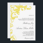 Lemon Yellow Elegant Damask Wedding Invitation Kaart<br><div class="desc">Deze trouwuitnodiging bevat een elegant damasontwerp in geel aan de linkerkant van een witte achtergrond. De grijze doopvont is een combinatie modern druk en elegant manuscript. De achterkant van de uitnodiging bevat een wit dampontwerp dat van de bodem met een douane monogram cirkel, over een heldere gele achtergrond komt. Ideaal...</div>