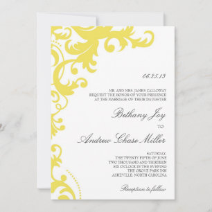Lemon Yellow Elegant Damask Wedding Invitation Kaart