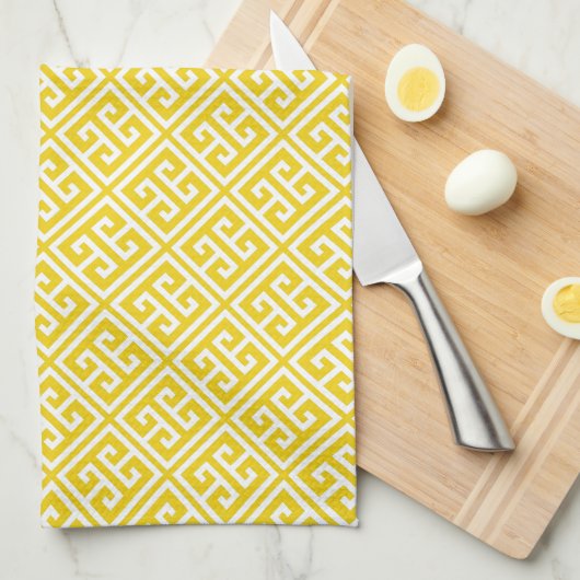 Lemon Yellow Greek Key Patroon Theedoek (Quarter Fold)