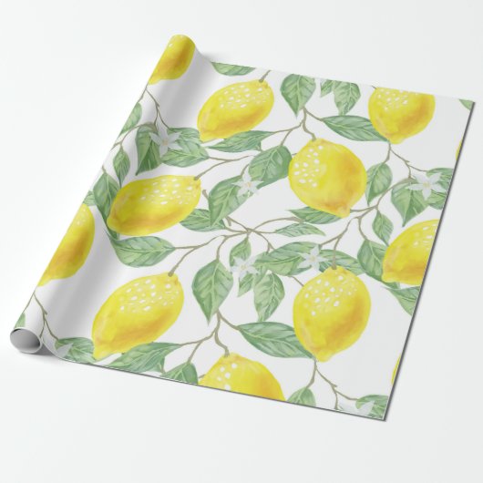 Lemon Yellow Leaves Green Pattern Cadeaupapier (Uitgerold)