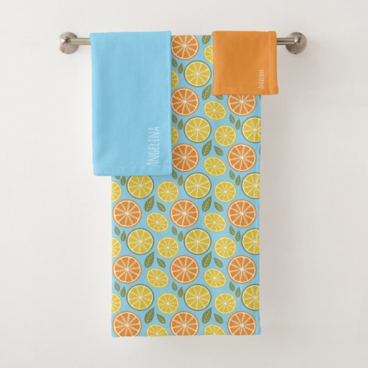 Lemon yellow orange Pattern blue name Bad Handdoek (Insitu)