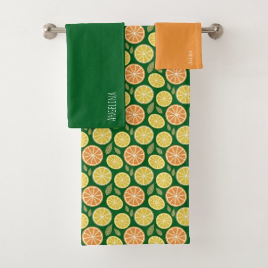 Lemon yellow orange  Pattern green name Bad Handdoek (Insitu)