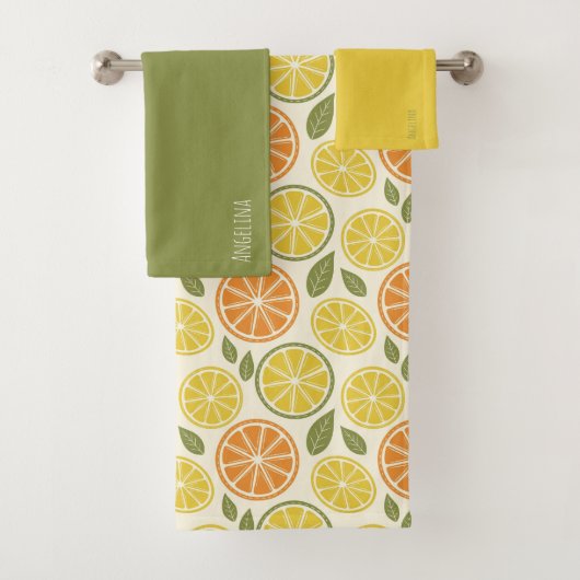 Lemon yellow orange  Pattern white name Bad Handdoek (Insitu)