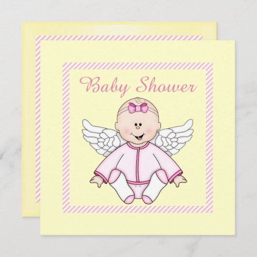 LEMON YELLOW PINK STRIPE ANGEL BABY SHOWER KAART (Voorkant / Achterkant)