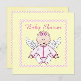 LEMON YELLOW PINK STRIPE ANGEL BABY SHOWER KAART