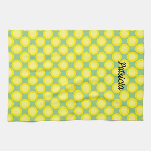 Lemon Yellow Polka Dots Sage Green Custom Name Theedoek (Horizontaal)