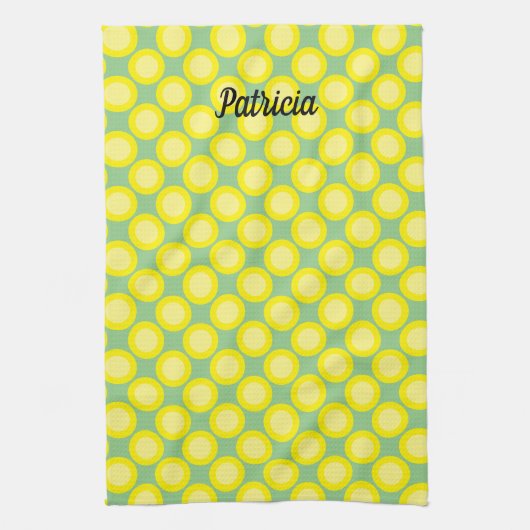 Lemon Yellow Polka Dots Sage Green Custom Name Theedoek (Verticaal)