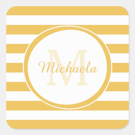 Lemon Yellow Snoep Stripes Girly Name en Monogram Vierkante Sticker (Voorkant)