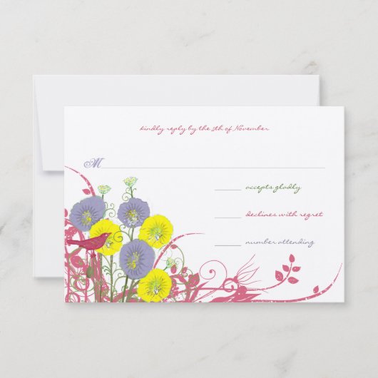 Lemon Yellow Violet Deep Pink Wild Flower Wedding RSVP Kaartje (Voorkant)