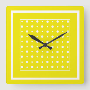 Lemon Yellow Wall Clock, White Polka Dots Vierkante Klok