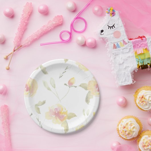 Lemon Yellow Waterverf Flowers Vrijgezellenfeest Papieren Bordje (Feest)