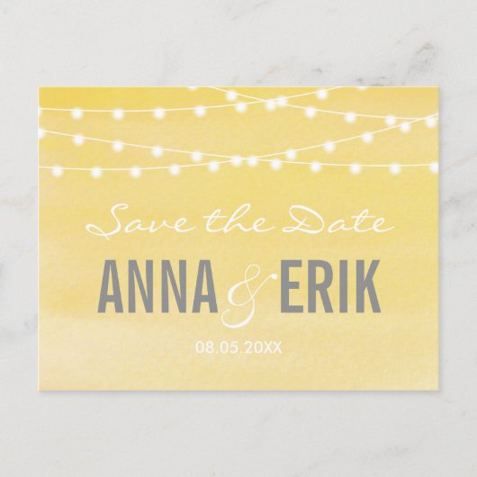 Lemon Yellow Waterverf stringlights Save the Date Aankondigingskaart (Voorkant)