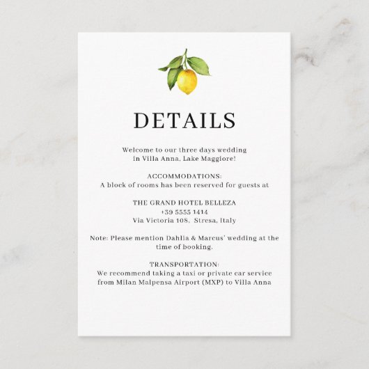 Lemon Yellow Wedding Details Enclosure Kaart (Voorkant)