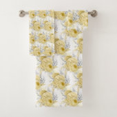 LEMON YELLOW WHITE FLORAL BATHROOM TOWEL SET BAD HANDDOEK (Insitu)
