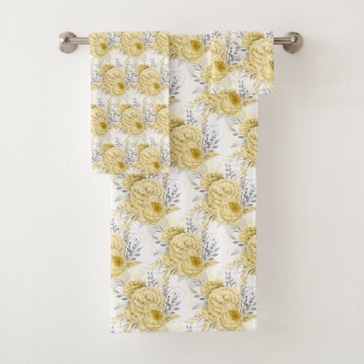 LEMON YELLOW WHITE FLORAL BATHROOM TOWEL SET BAD HANDDOEK (Insitu)