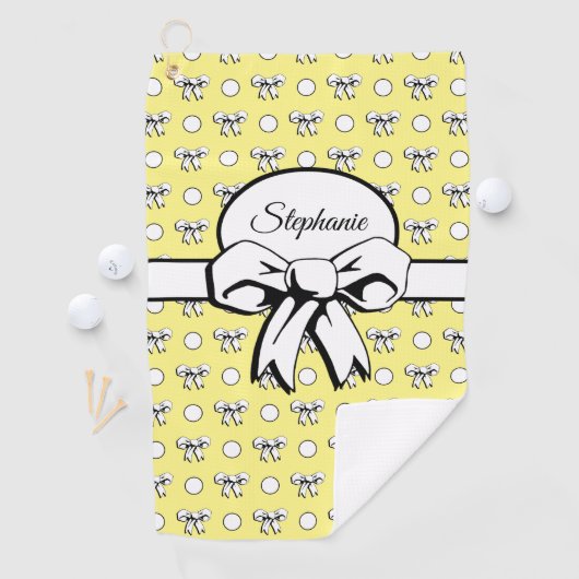 Lemon Yellow White Polka Dots Bows Gepersonaliseer Golfhanddoek (Insitu)