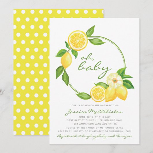 Lemon Yellow Wreath Citrus Polkadot Baby shower Kaart (Voorkant / Achterkant)