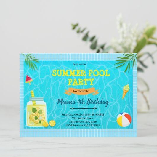 Lemon zomer zwembad party uitnodiging (Staand voorkant)