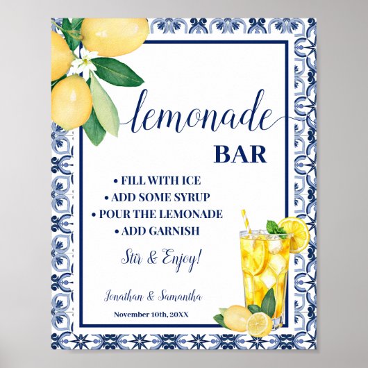Lemonade Bar Blue Mediterranean Lemons Sign Poster (Voorkant)