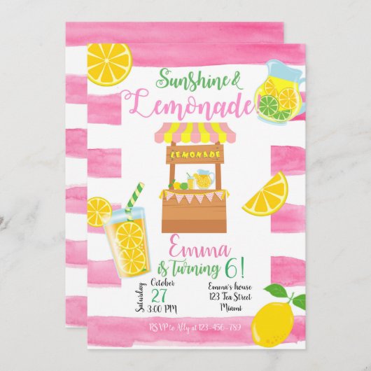 Lemonade Birthday Invitation, Lemonade Invitation Kaart (Voorkant / Achterkant)