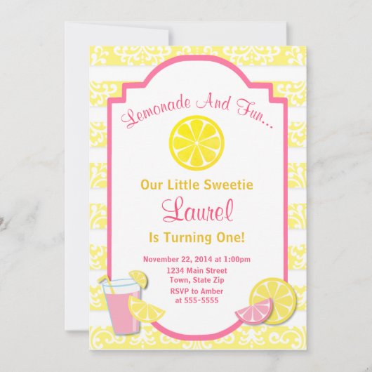 Lemonade Birthday Uitnodiging Roze limonade (Voorkant)