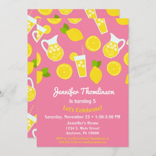 Lemonade Birthday Uitnodiging Roze Zomer Memen (Voorkant / Achterkant)
