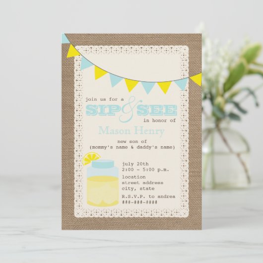 Lemonade Burlap geïnspireerd Sip en zie Baby Boy Kaart (Staand voorkant)