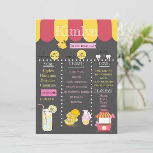 Lemonade Chalkboard 1st Birthday Party Save The Date (Staand voorkant)