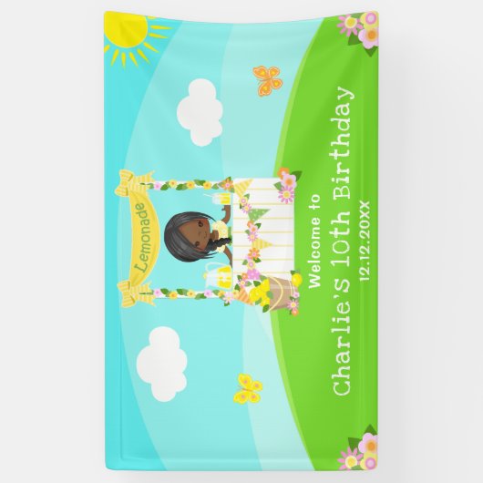 Lemonade donkere huid meisje verjaardag welkom spandoek (Verticaal)