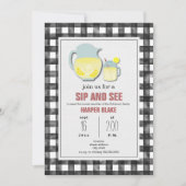 Lemonade Gray Gingham Sip & See Baby Invitation Kaart (Voorkant)