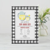 Lemonade Gray Gingham Sip & See Baby Invitation Kaart (Staand voorkant)