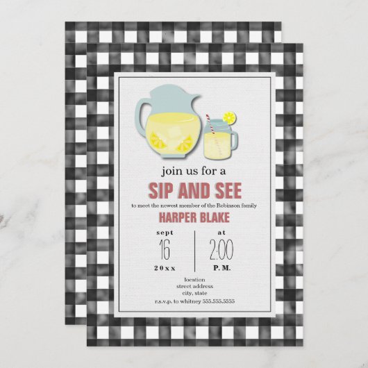 Lemonade Gray Gingham Sip & See Baby Invitation Kaart (Voorkant / Achterkant)