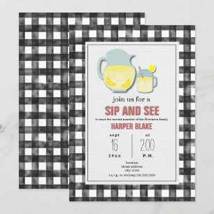 Lemonade Gray Gingham Sip & See Baby Invitation Kaart