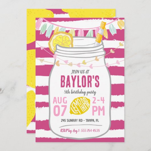 Lemonade Mason Jar Summer Birthday Invitation Kaart (Voorkant / Achterkant)