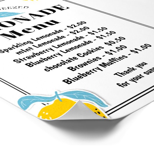 Lemonade stand Menu Poster (Hoek)