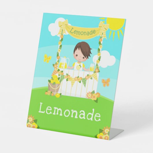 Lemonade Stand Verjaardag Bruin Haar Jongen Reclamebord Met Voetstuk (Voorkant)