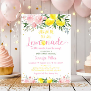 Lemonade Sunshine Pink Gold Floral Baby shower Kaart