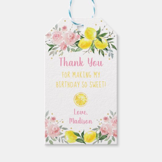 Lemonade Sunshine Pink Gold Floral Birthday Cadeaulabel (Voorkant)