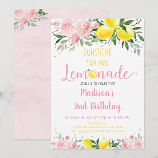 Lemonade Sunshine Pink Gold Floral Birthday Kaart (Voorkant / Achterkant)