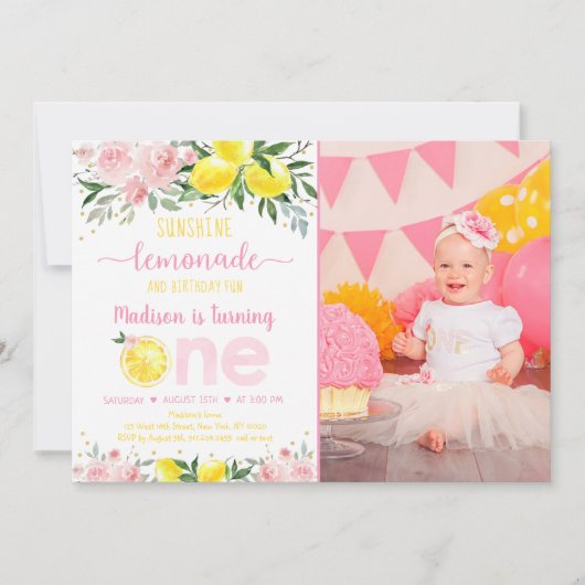 Lemonade Sunshine Pink Gold Floral eerste verjaard Kaart (Voorkant)
