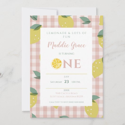 Lemonade Sunshine Pink Pset First Birthday Invita Kaart (Voorkant)