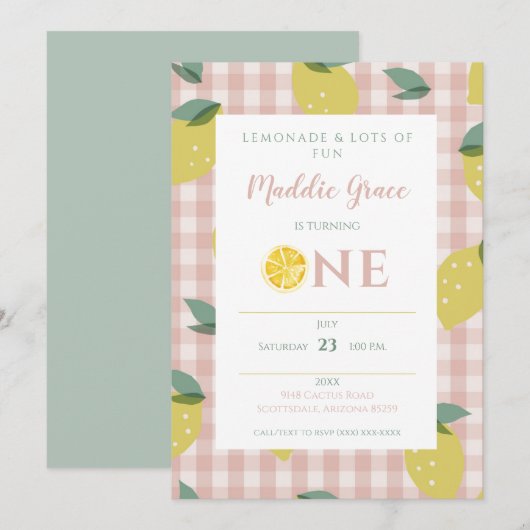 Lemonade Sunshine Pink Pset First Birthday Invita Kaart (Voorkant / Achterkant)