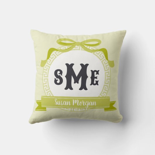Lemongrass Green Reverse Griekse Key Bow Monogram Kussen (Achterkant)