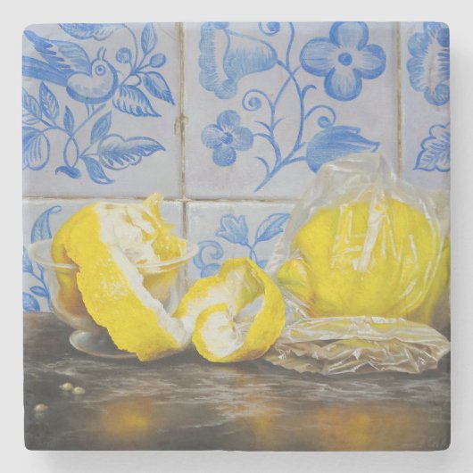Lemons and Azulejos — Classic Blue & Yellow Still  Stenen Onderzetter (Voorkant)
