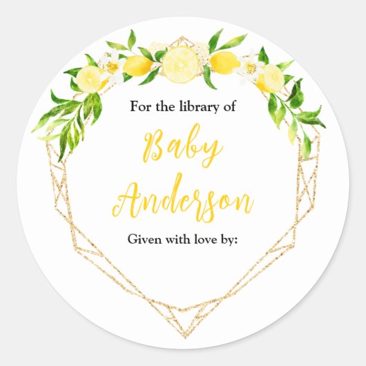 Lemons and Foliage Baby Shower Bookplate Ronde Sticker (Voorkant)