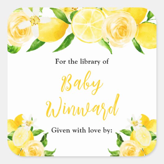 Lemons and Foliage Baby Shower Bookplate Vierkante Sticker (Voorkant)