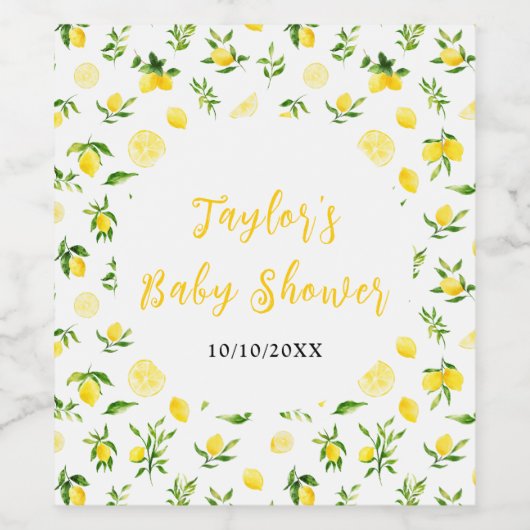 Lemons and Foliage Baby Shower Wijn Etiket (Enkel label)